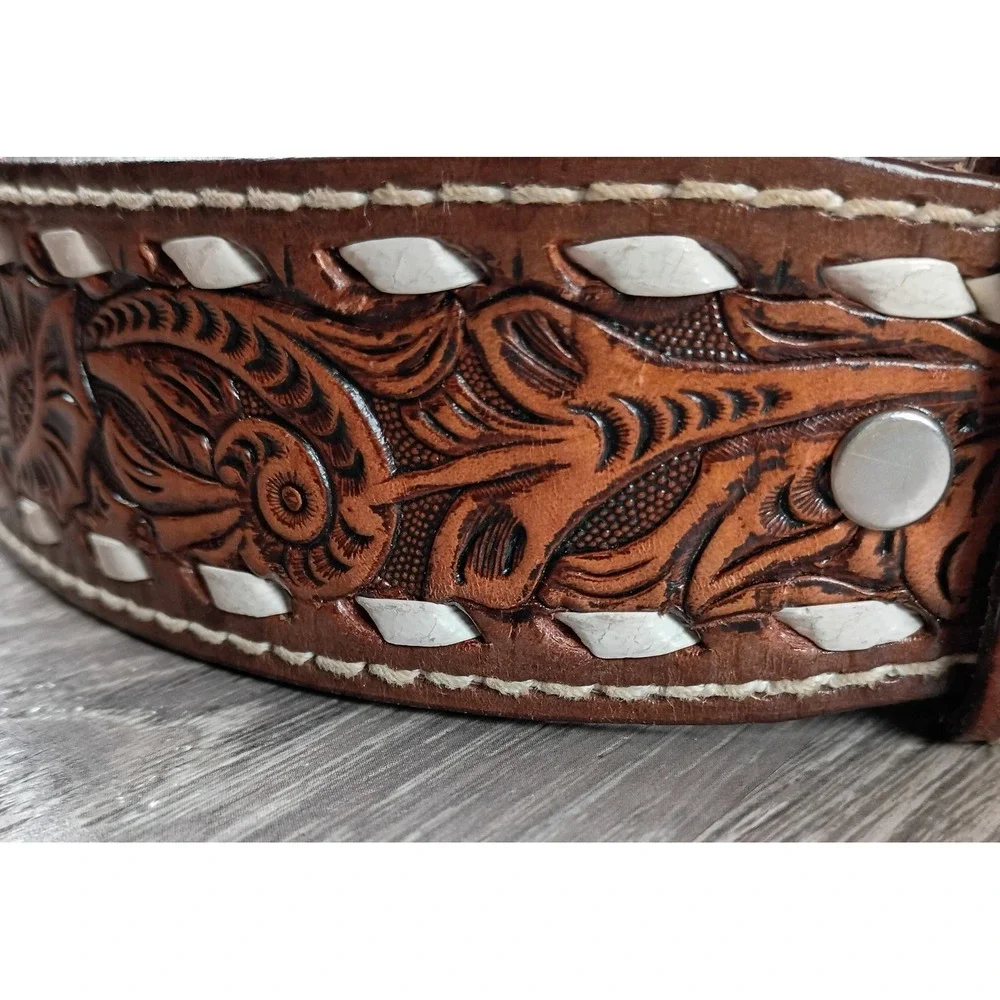 Hand Tooled‎ Leather Western Belt Size 42 GENE Saddle Cowboy Floral Buck Lacing*